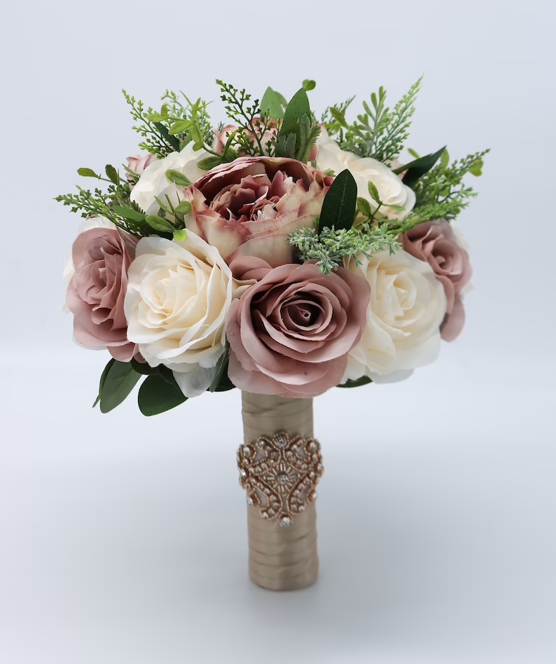 Dabador - ShopSavvy - Dusty Rose Wedding Bouquet, Bridal Bouquet, Artificial Wedding Flowers, Bridesmaid Bouquets, Corsage, bridal Flower Package, silk bouquet